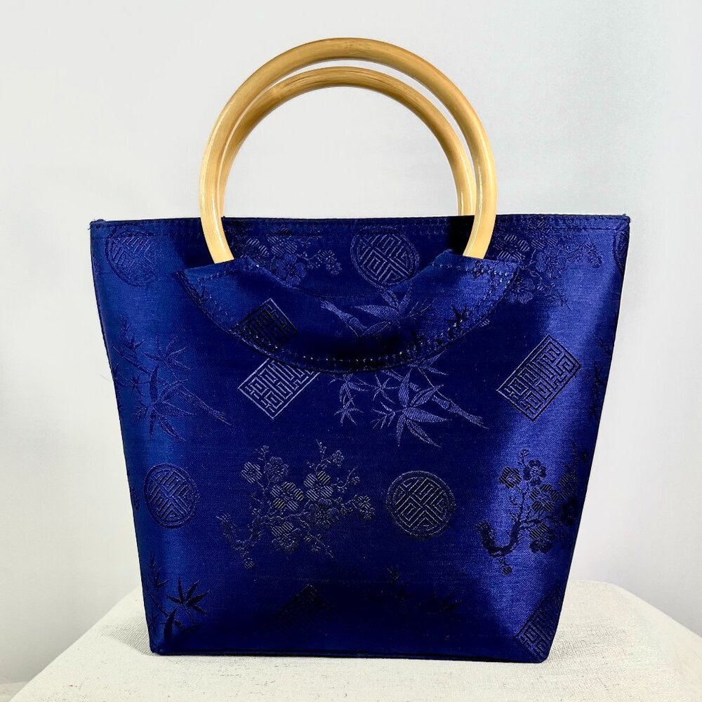 Vintage Blue Silk –Elegant Oriental Handbag Floral Brocade with Wooden Handles